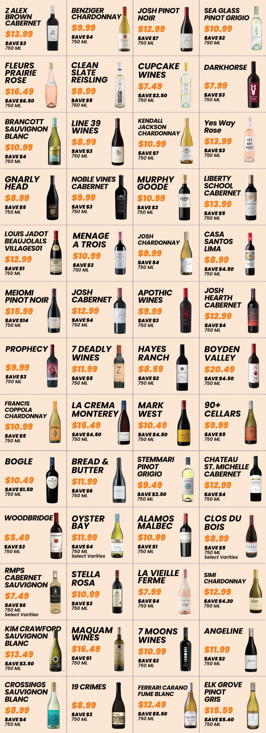 Wine sale flyer for Bev Mart's June 2026 750ML specials, featuring a grid of about 50 wines with names, sale prices, savings, and bottle images on a peach background.