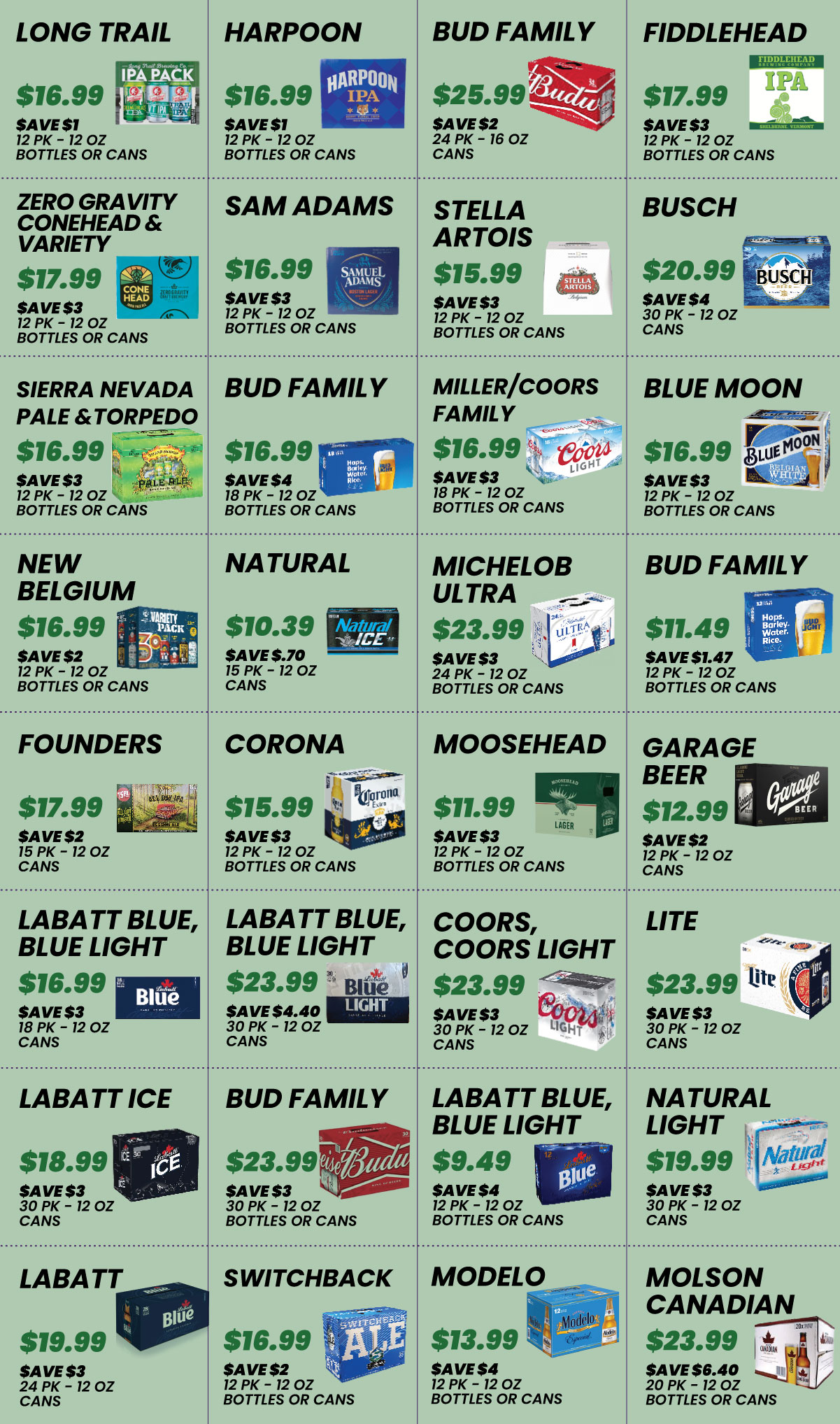 Bev-Mart June 2026 beer sale flyer featuring about 32 brands with sale prices, savings, and pack sizes on a sage green background.