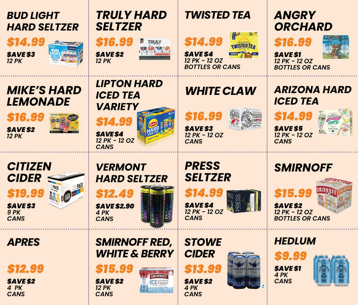 Bev-Mart June 2026 hard seltzer and cider sale flyer featuring 16 products with sale prices, savings, and pack sizes on a peach background.