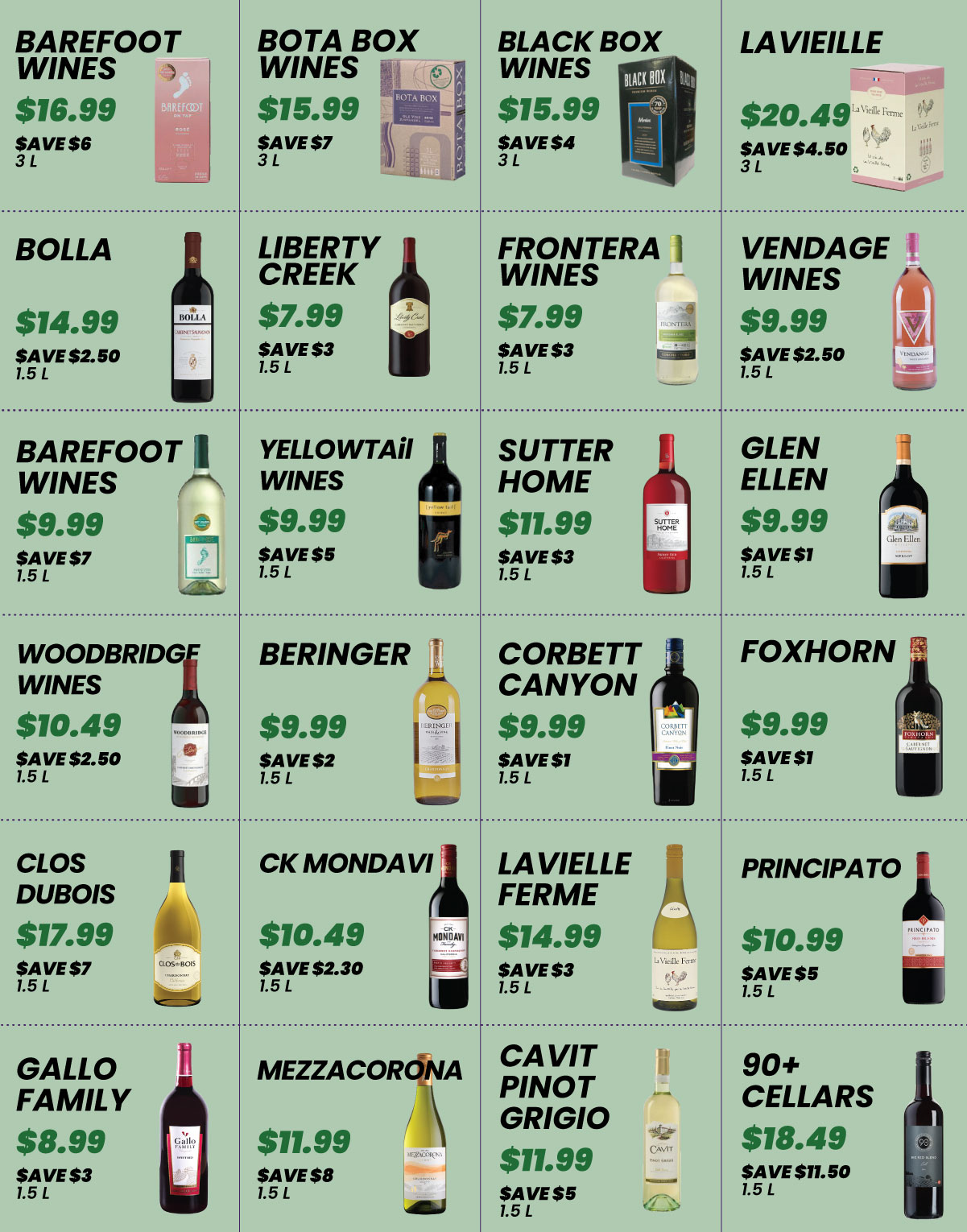 Wine sale flyer for Bev-Mart's Aug 2026 1.5L and 3L specials, featuring a grid of about 24 wines with names, sale prices, and savings on a green background.