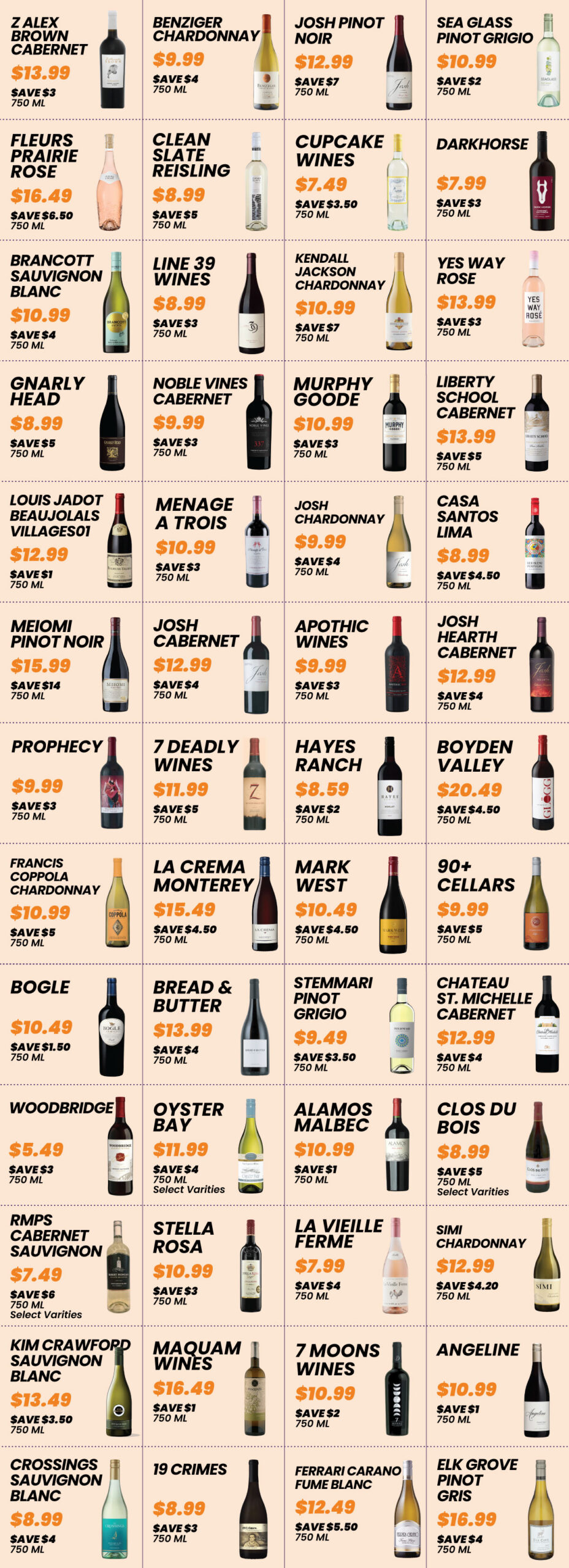 Wine sale flyer for Bev Mart's August 2026 750ML specials, featuring a grid of about 50 wines with names, sale prices, savings, and bottle images on a peach background.