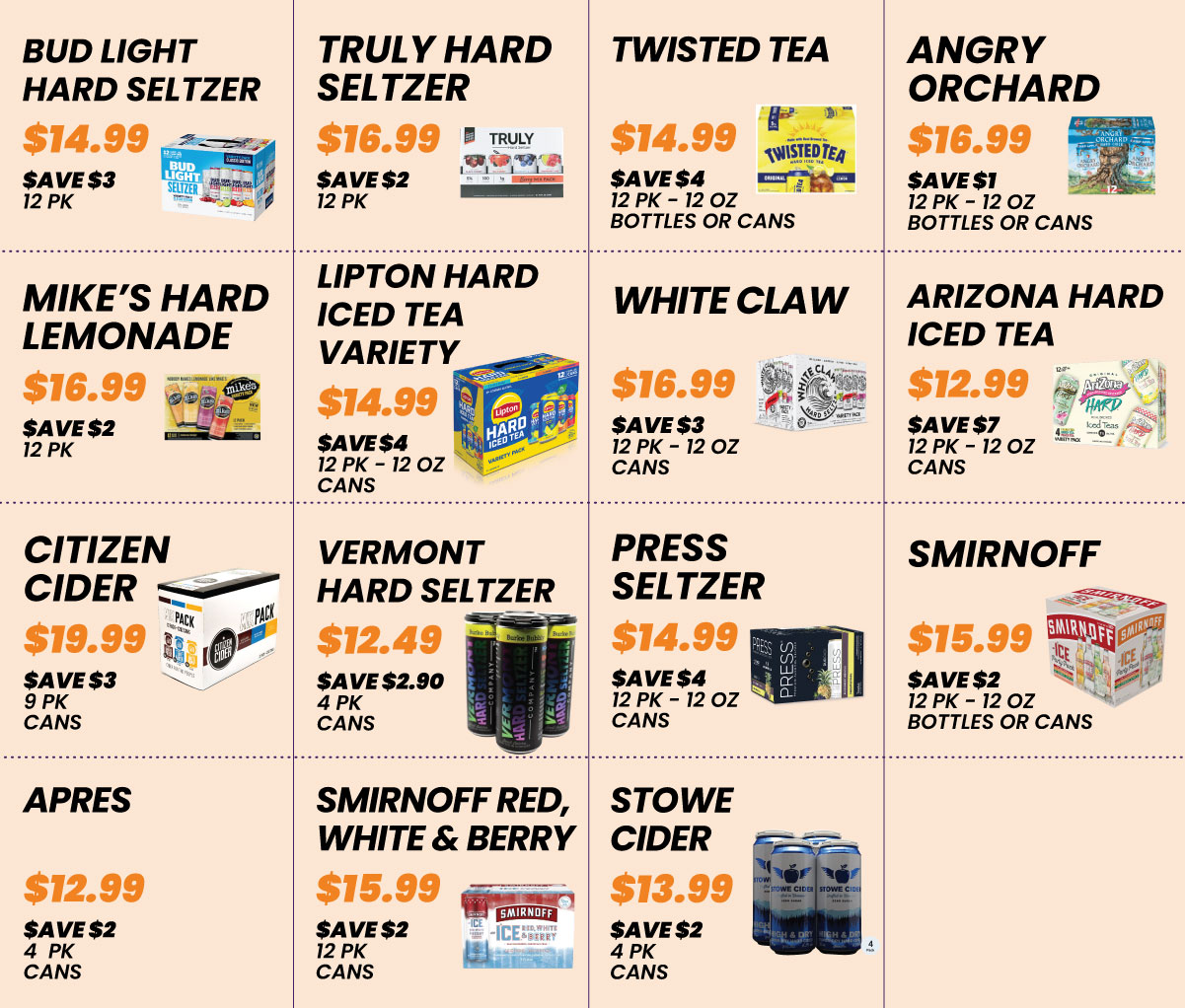 Bev-Mart Aug 2026 hard seltzer and cider sale flyer featuring 16 products with sale prices, savings, and pack sizes on a peach background.