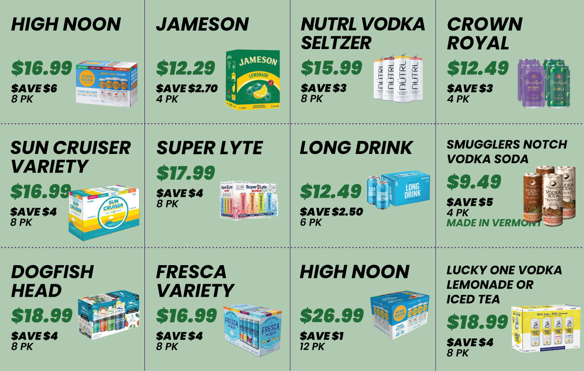 Bev-Mart August 2026 ready-to-drink cocktail sale flyer featuring 12 products with sale prices, savings, and pack sizes on a sage green background.